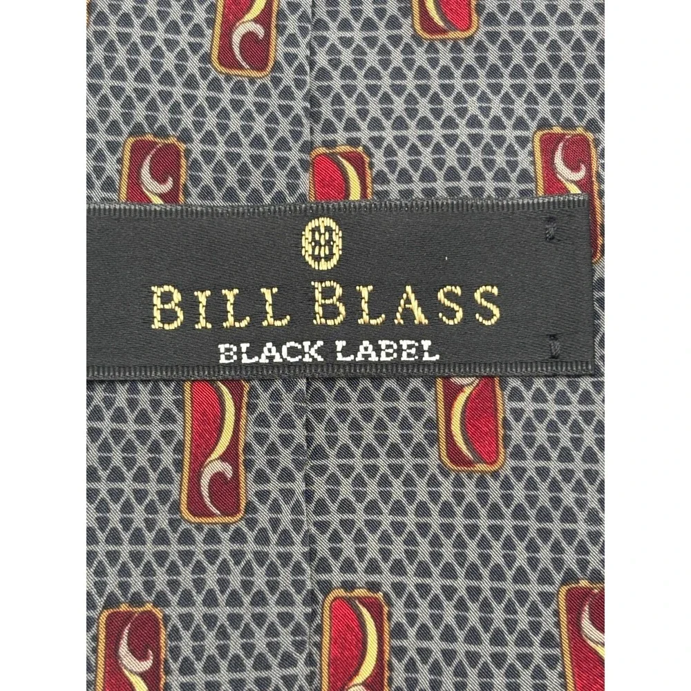 Bill Blass Black Label 100% Silk Tie Gray Geometric Burgundy Men's Tie